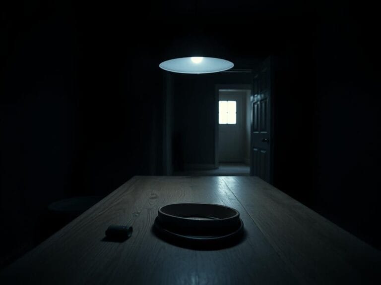 Flick International Dark wooden kitchen table under an ominous light with a leather belt and a shadowy background