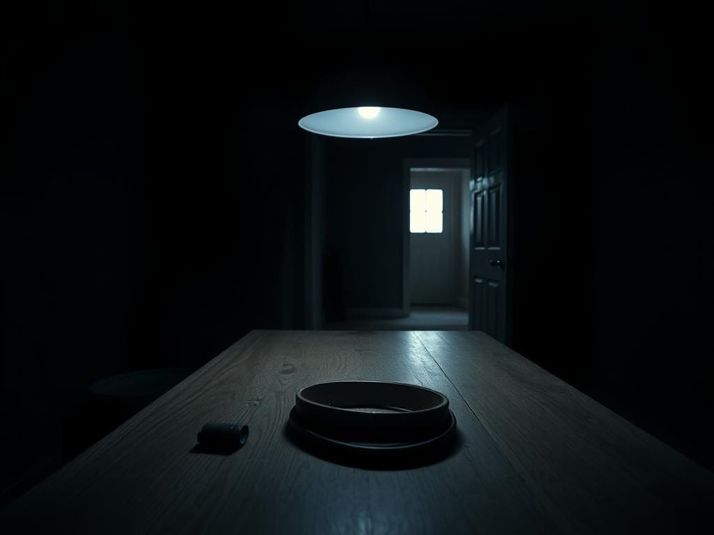 Flick International Dark wooden kitchen table under an ominous light with a leather belt and a shadowy background