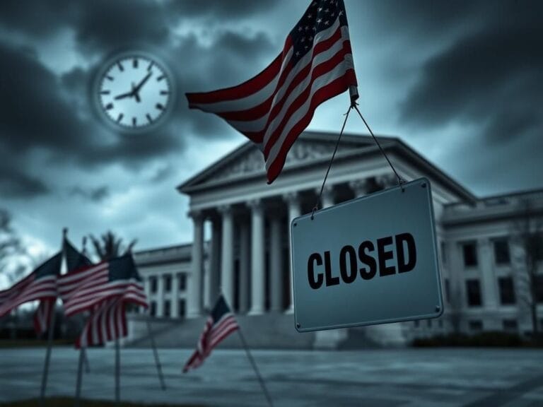 Flick International Empty government building with a 'Closed' sign during shutdown