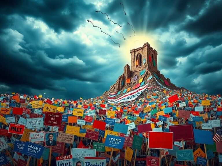 Flick International A fragmented political landscape with vibrant signs and a crumbling structure symbolizing shifting voter allegiances