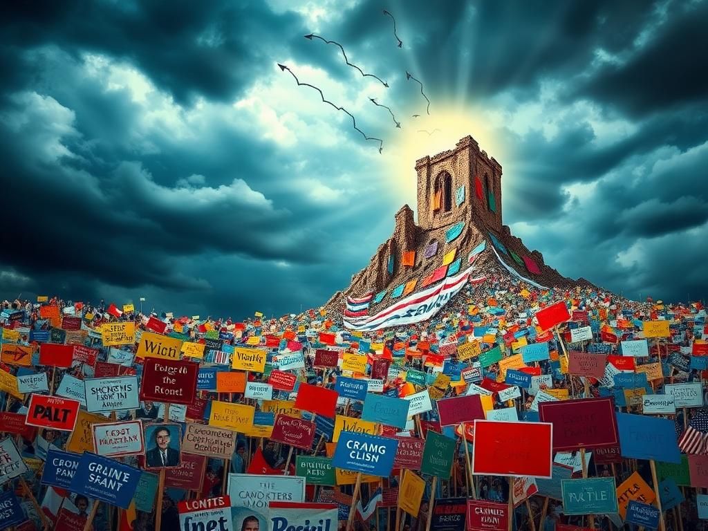 Flick International A fragmented political landscape with vibrant signs and a crumbling structure symbolizing shifting voter allegiances