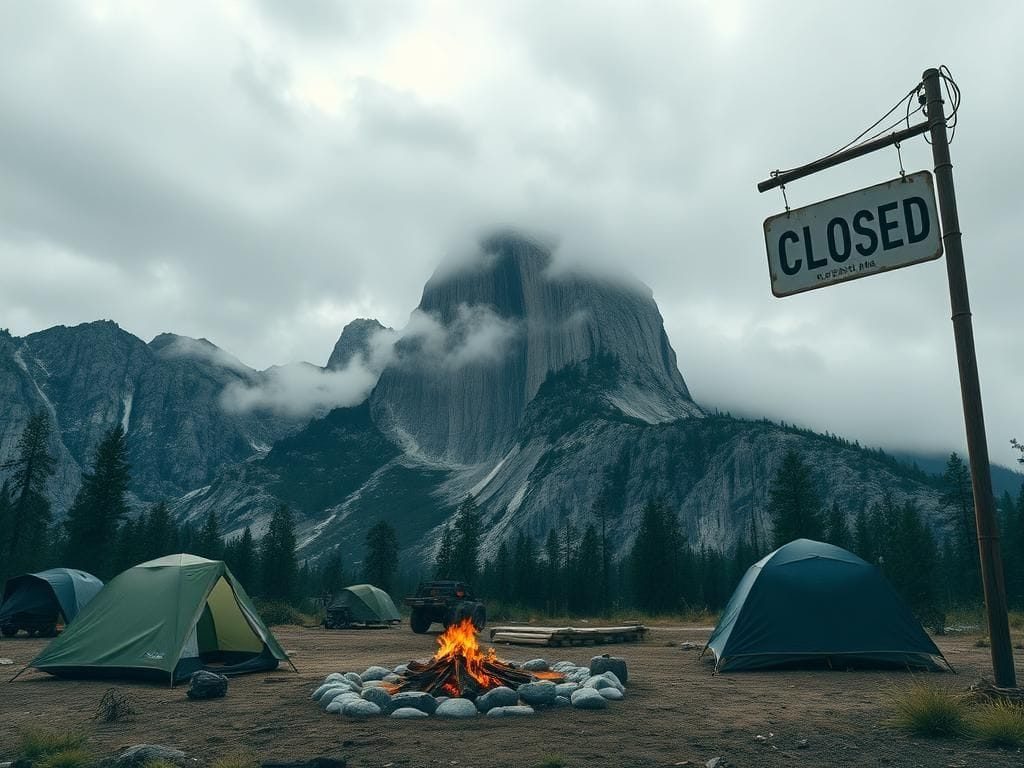 Flick International A deserted campground in Yosemite National Park with empty tents and a neglected campfire under a moody sky