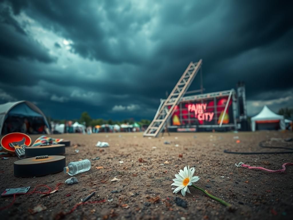 Flick International Empty outdoor music festival ground in Salt Lake City after severe weather, with fallen scaffolding board and scattered festival remnants.