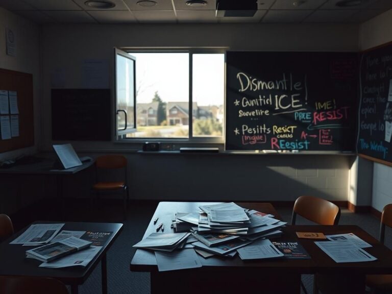 Flick International Empty classroom with scattered papers and anti-ICE activism materials