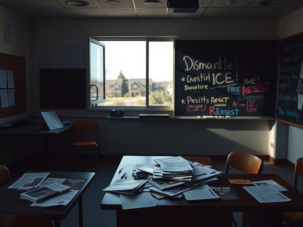 Flick International Empty classroom with scattered papers and anti-ICE activism materials