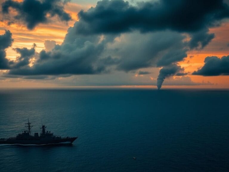 Flick International Aerial view of military ship patrolling the Caribbean Sea at dawn