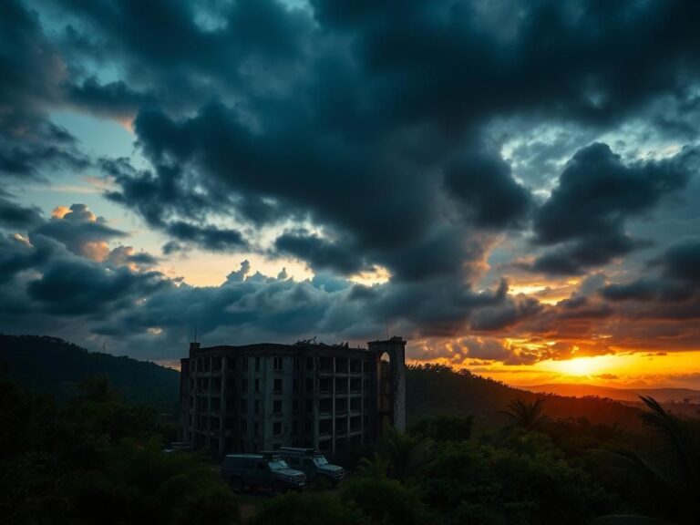 Flick International Aerial view of Madagascar showing political unrest with a crumbling government building and military presence
