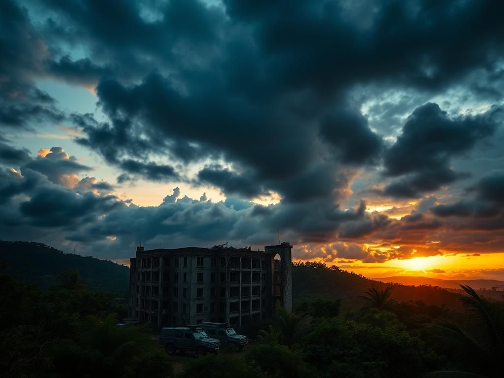 Flick International Aerial view of Madagascar showing political unrest with a crumbling government building and military presence