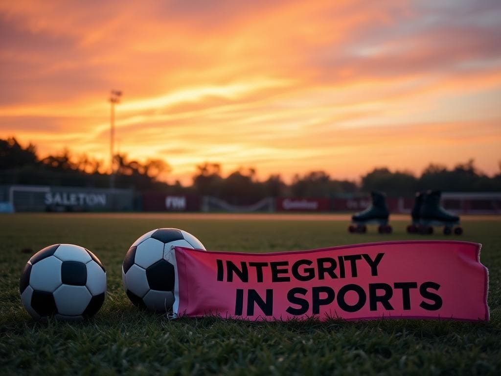 Flick International Vibrant sports field scene at sunset with various sports equipment symbolizing inclusivity