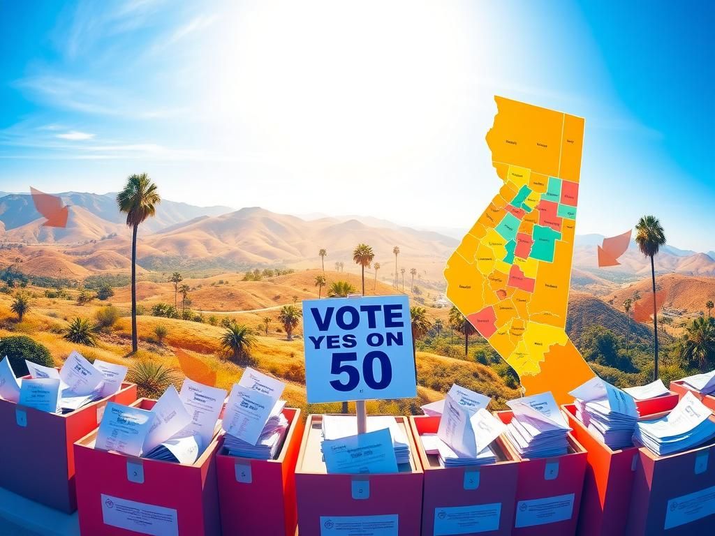 Flick International Panoramic view of California's landscape with colorful congressional districts and overflowing ballot boxes for Prop 50