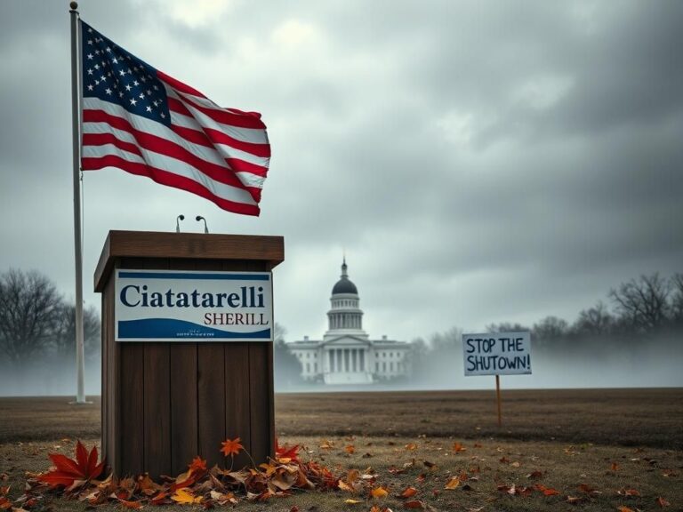 Flick International Dramatic political scene in New Jersey with American flag and campaign podium.