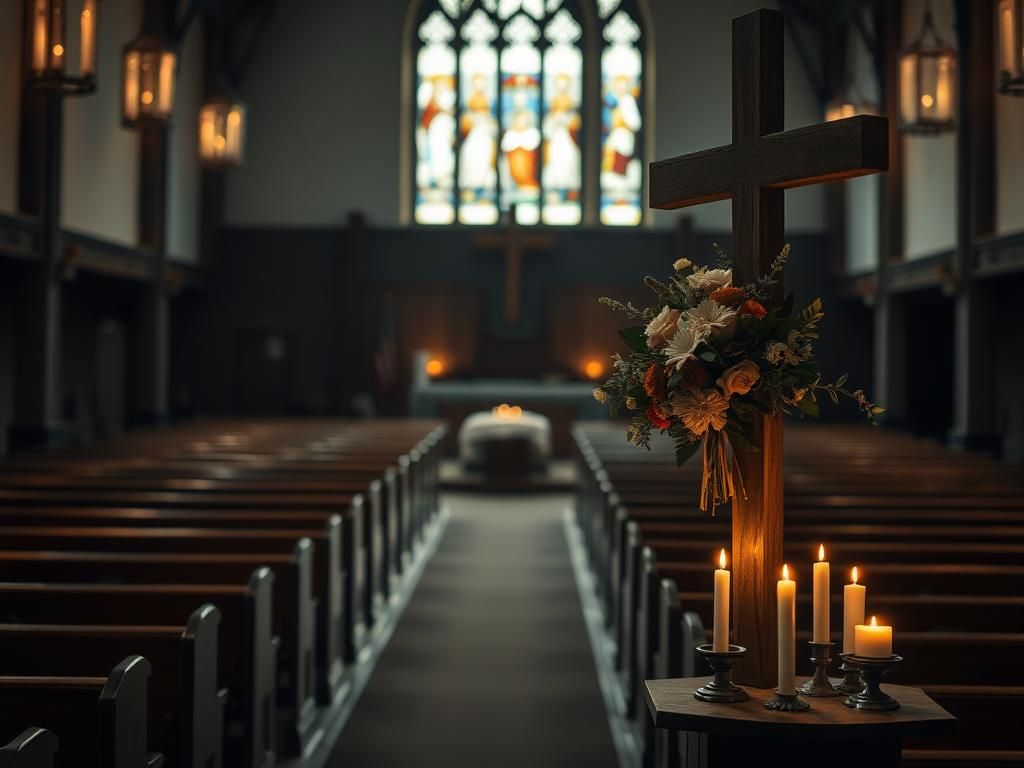 Flick International A serene interior view of a church sanctuary filled with candlelight and floral arrangements honoring a beloved pastor