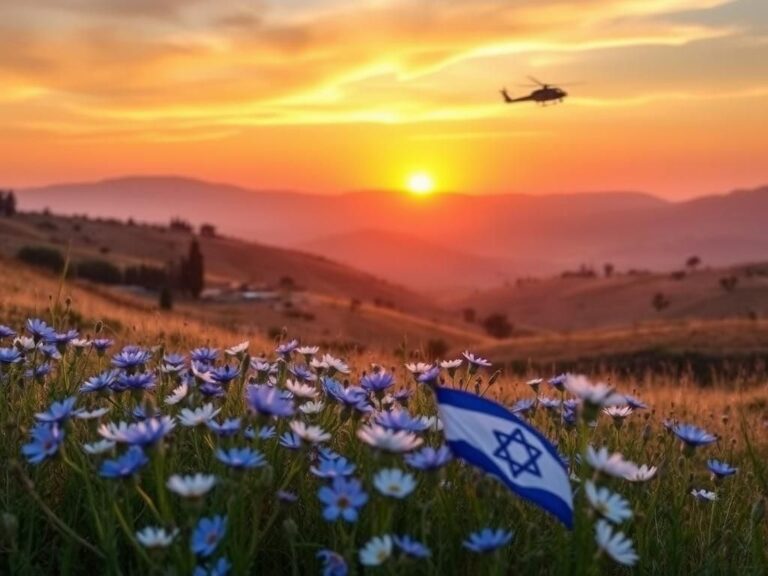 Flick International Tranquil sunset over rolling hills in Israel with blooming wildflowers