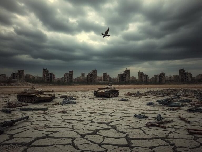 Flick International Cracked ground in the Gaza Strip with remnants of military equipment symbolizing destruction and disarmament