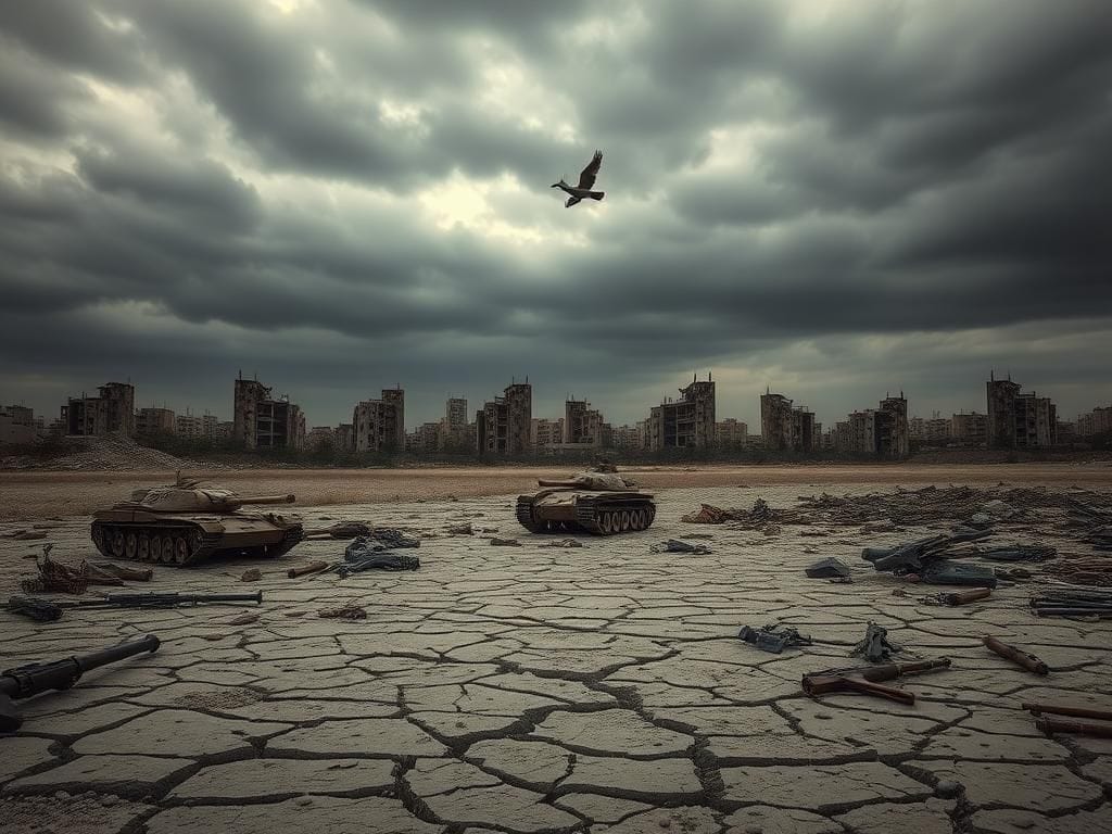 Flick International Cracked ground in the Gaza Strip with remnants of military equipment symbolizing destruction and disarmament