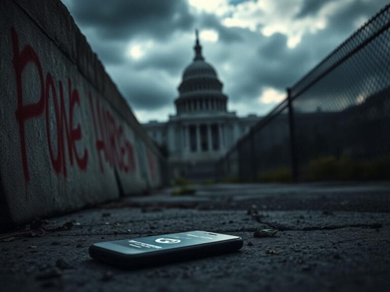 Flick International A desolate urban landscape with graffiti and a cracked phone, symbolizing unrest towards ICE