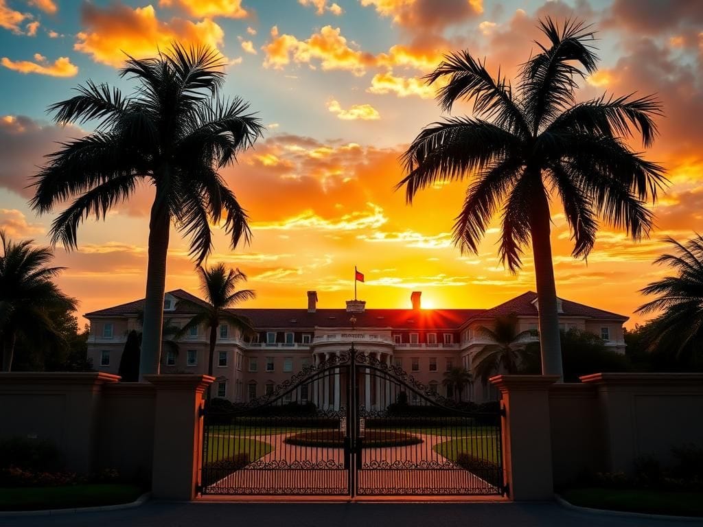 Flick International A luxurious view of Mar-a-Lago showcasing its grand exterior and lush landscaping at sunset
