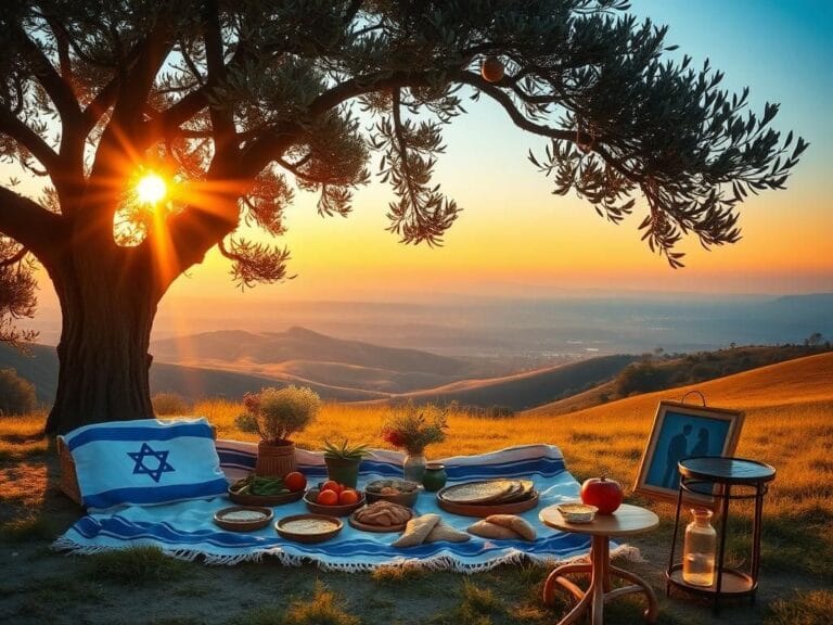 Flick International A family enjoying a picnic under an olive tree in a scenic Israeli landscape at sunset, symbolizing reunion and peace.