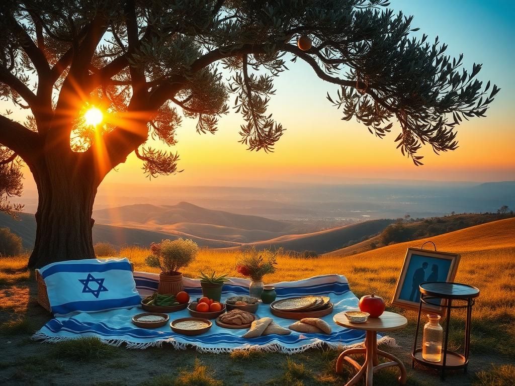 Flick International A family enjoying a picnic under an olive tree in a scenic Israeli landscape at sunset, symbolizing reunion and peace.