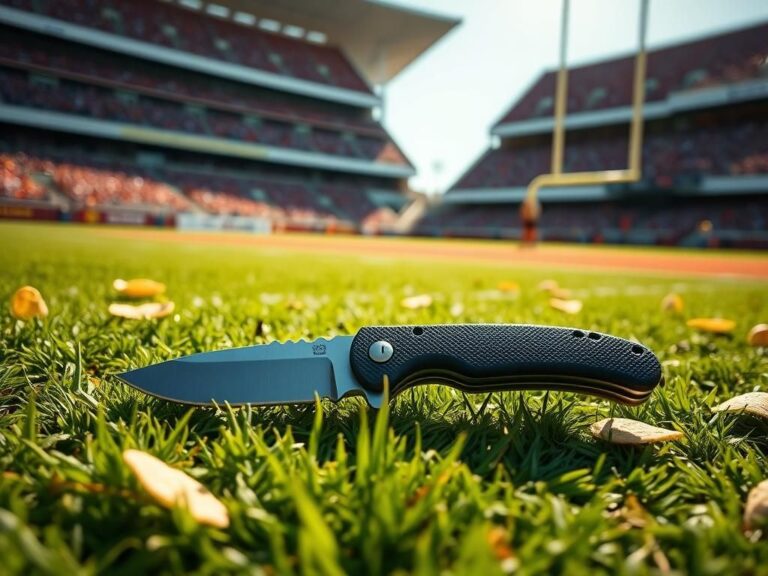 Flick International Close-up of a pocket knife on bright green grass at a football stadium