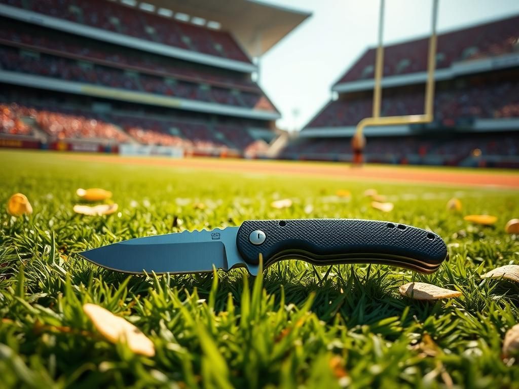 Flick International Close-up of a pocket knife on bright green grass at a football stadium