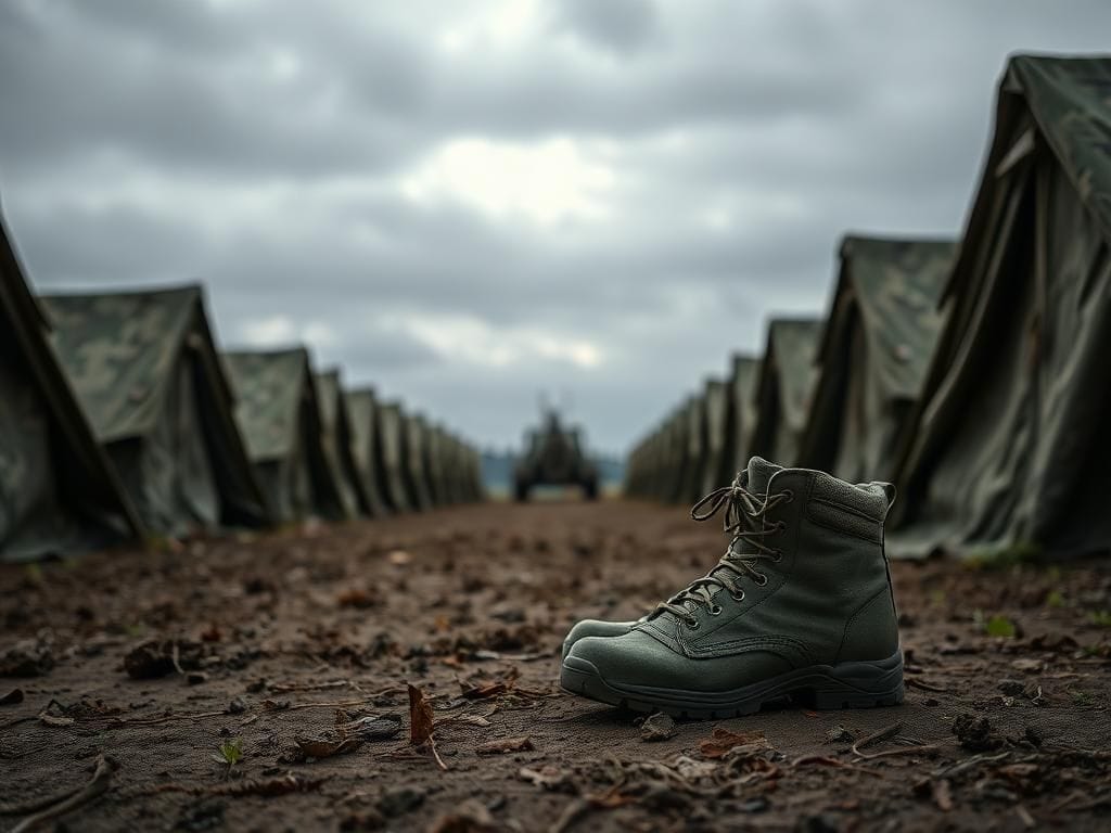 Flick International A pair of worn military boots resting on the ground in front of empty camouflage tents under a cloudy sky