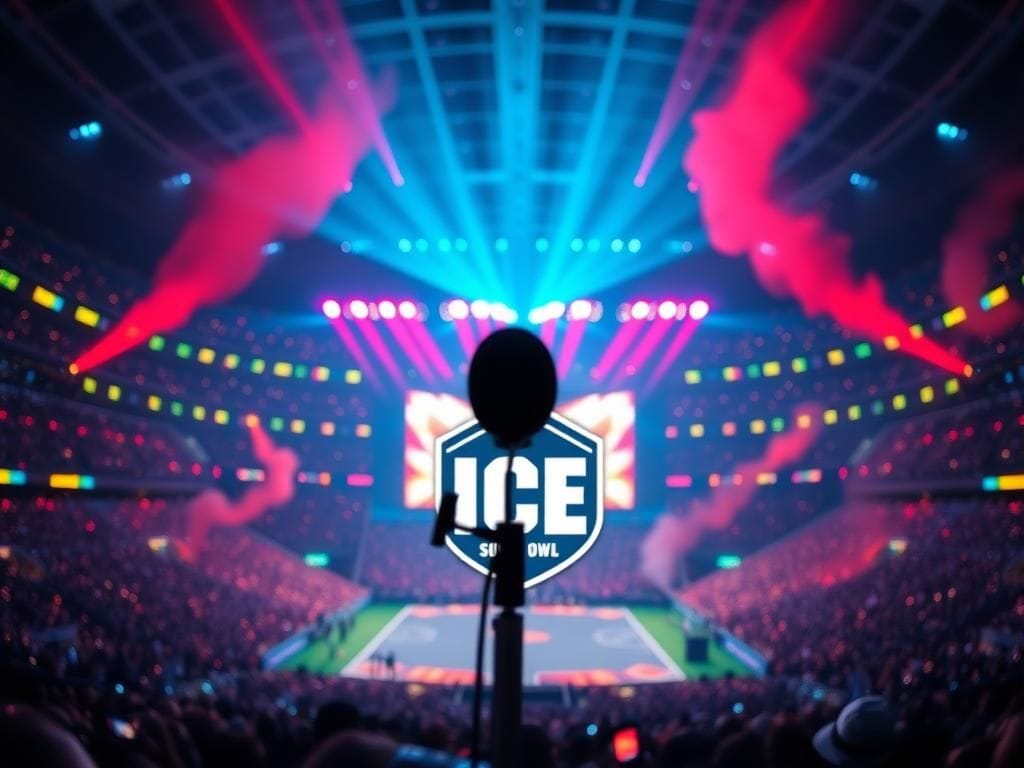 Flick International Vibrant Super Bowl stadium showcasing a large illuminated stage with a microphone silhouette