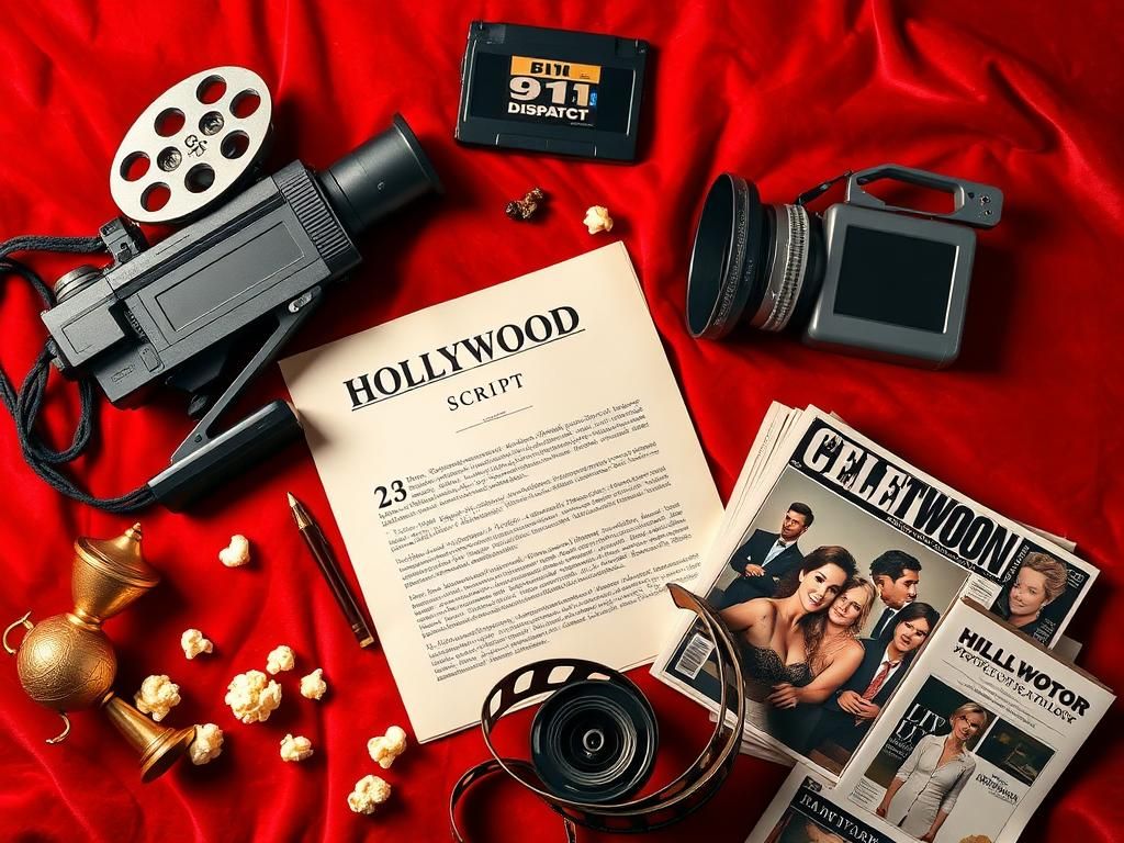 Flick International Vibrant flat lay of Hollywood script, vintage film camera, and celebrity magazines on red velvet