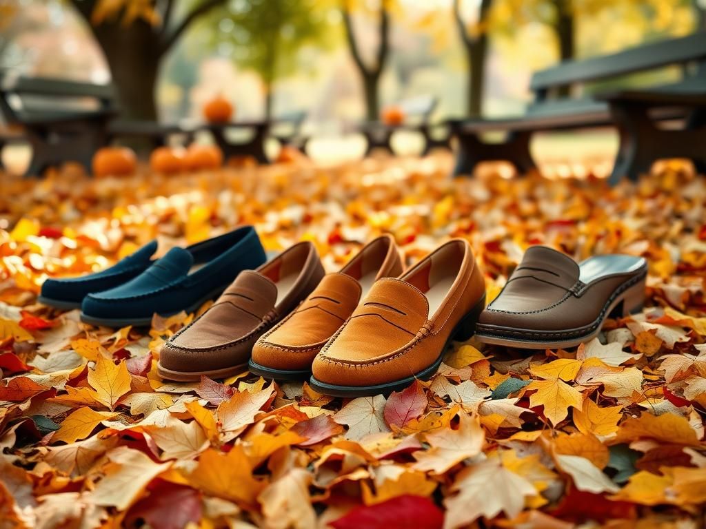 Flick International A collection of stylish loafers and clogs arranged on colorful autumn leaves.