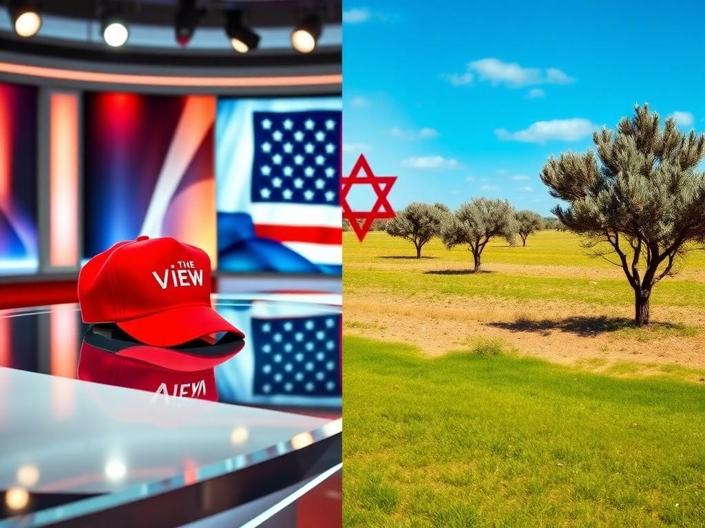 Flick International A split image contrasting a polished television studio set with a red MAGA hat and a serene Israeli landscape with olive trees under a blue sky.