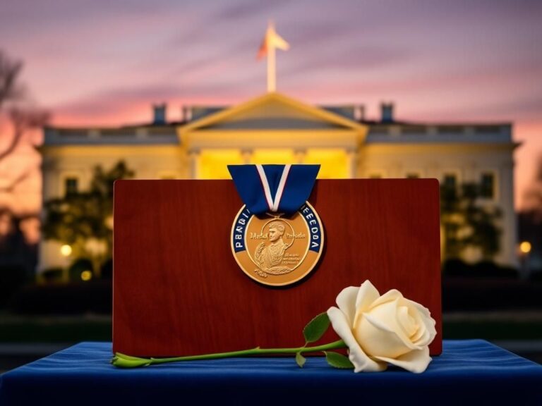 Flick International A stylized image of the Presidential Medal of Freedom on a podium with a blue velvet cloth