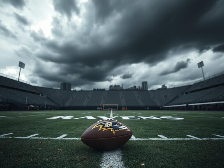 Flick International Dramatic scene of a Baltimore Ravens football field with dark storm clouds and a deflated football, symbolizing team struggles.