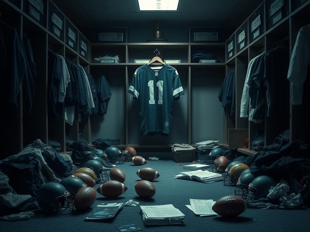 Flick International A dimly lit football locker room filled with worn gear, illustrating missed opportunities for Darren Waller during his time with the Giants