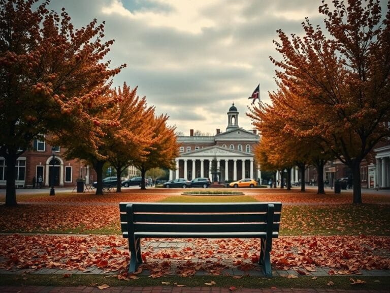 Flick International Empty park benches surrounded by fallen leaves in a historic Virginia town square reflecting on community debates.