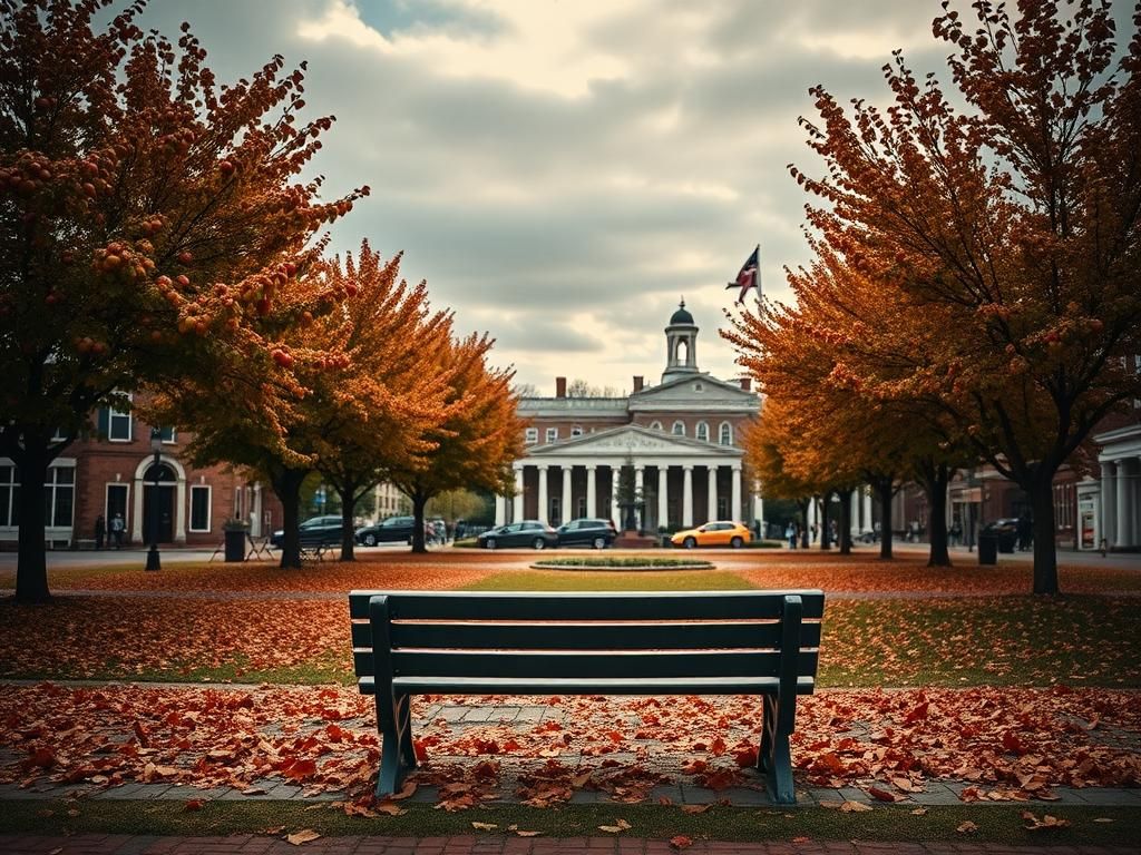 Flick International Empty park benches surrounded by fallen leaves in a historic Virginia town square reflecting on community debates.