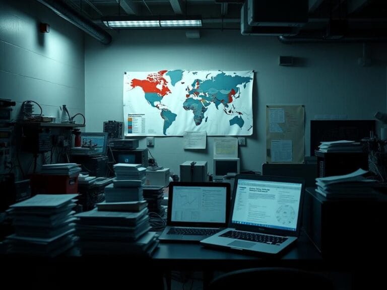Flick International Dimly lit university research lab showcasing advanced technology and a world map highlighting U.S. and China.