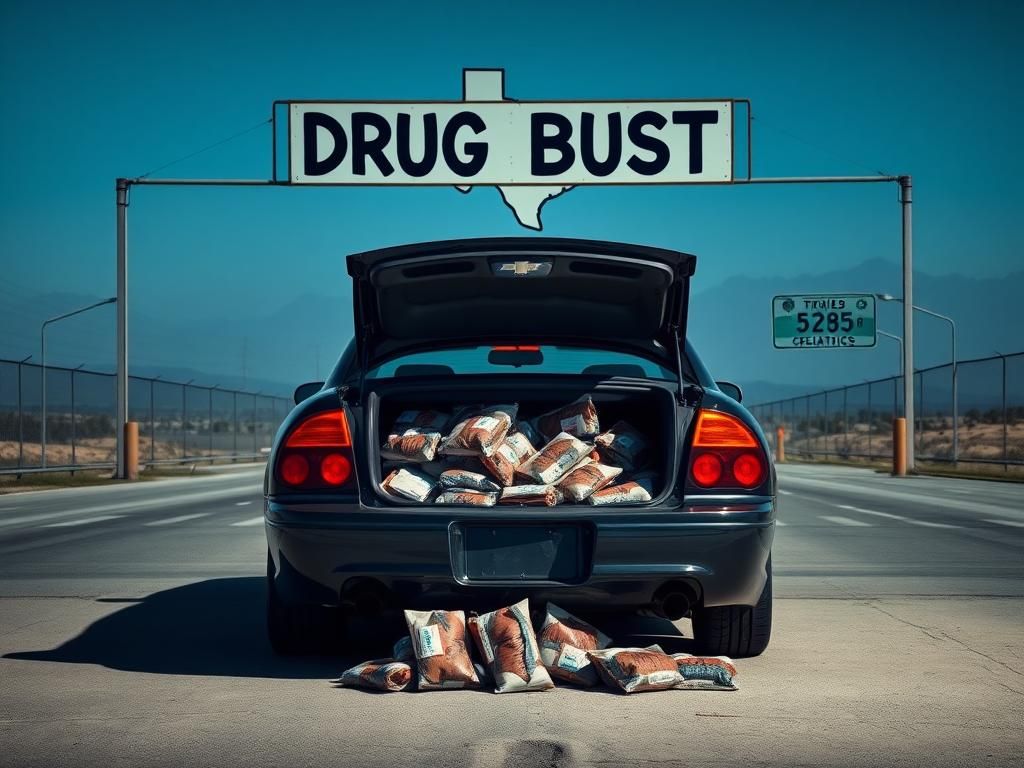 Flick International Scene of a dark-colored 2001 Chevrolet at a Texas border crossing, showcasing hidden narcotic packages spilling out.