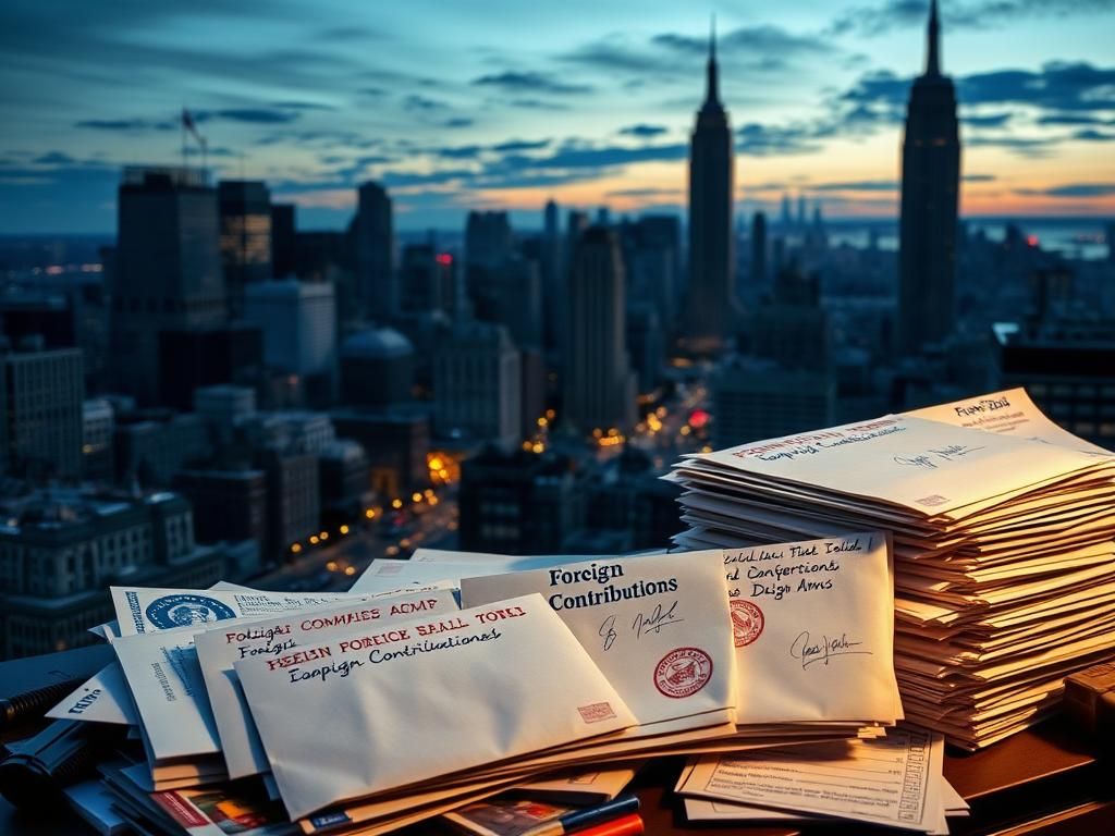 Flick International Twilight cityscape of New York City with campaign donation envelopes on a cluttered desk