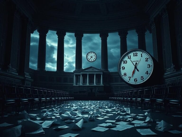 Flick International Empty U.S. Senate chamber with crumpled papers and dark stormy clouds