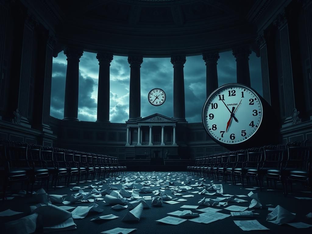 Flick International Empty U.S. Senate chamber with crumpled papers and dark stormy clouds