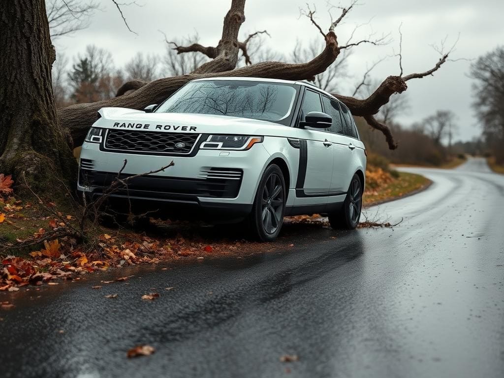 Flick International White 2023 Range Rover crashed against a large tree on a wet road in the Hamptons