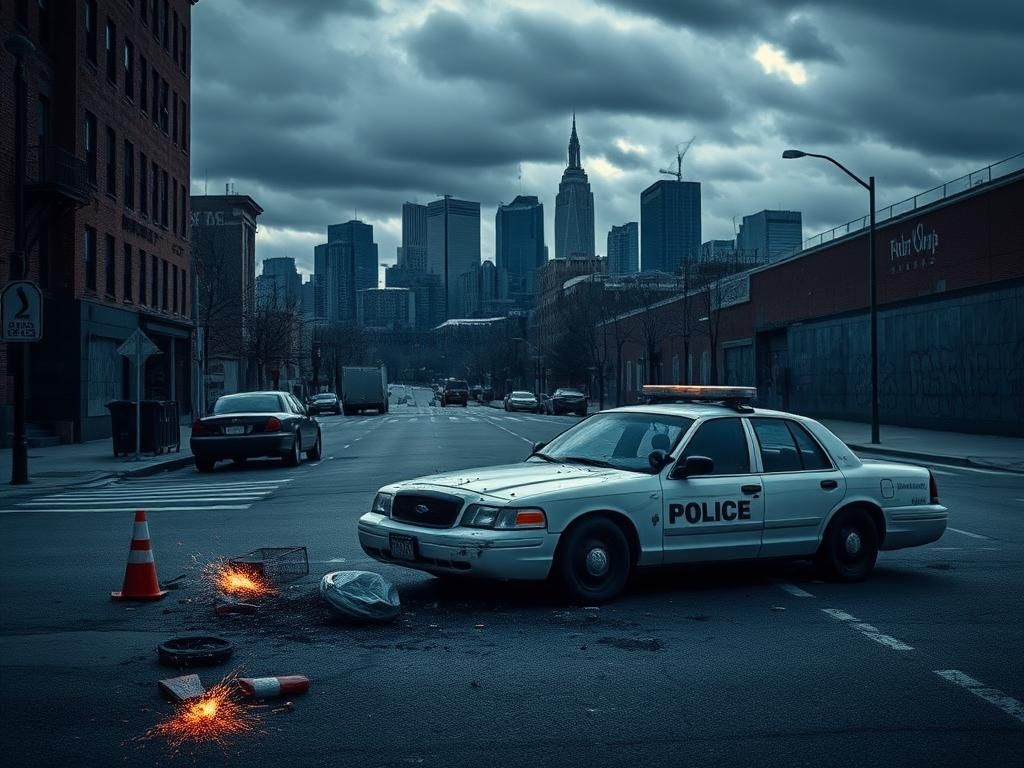 Flick International Desolate Boston street depicting unrest with an abandoned police cruiser and damage
