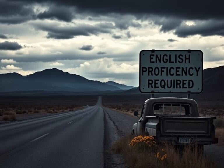 Flick International A deserted highway with an abandoned truck and a road sign indicating English proficiency required
