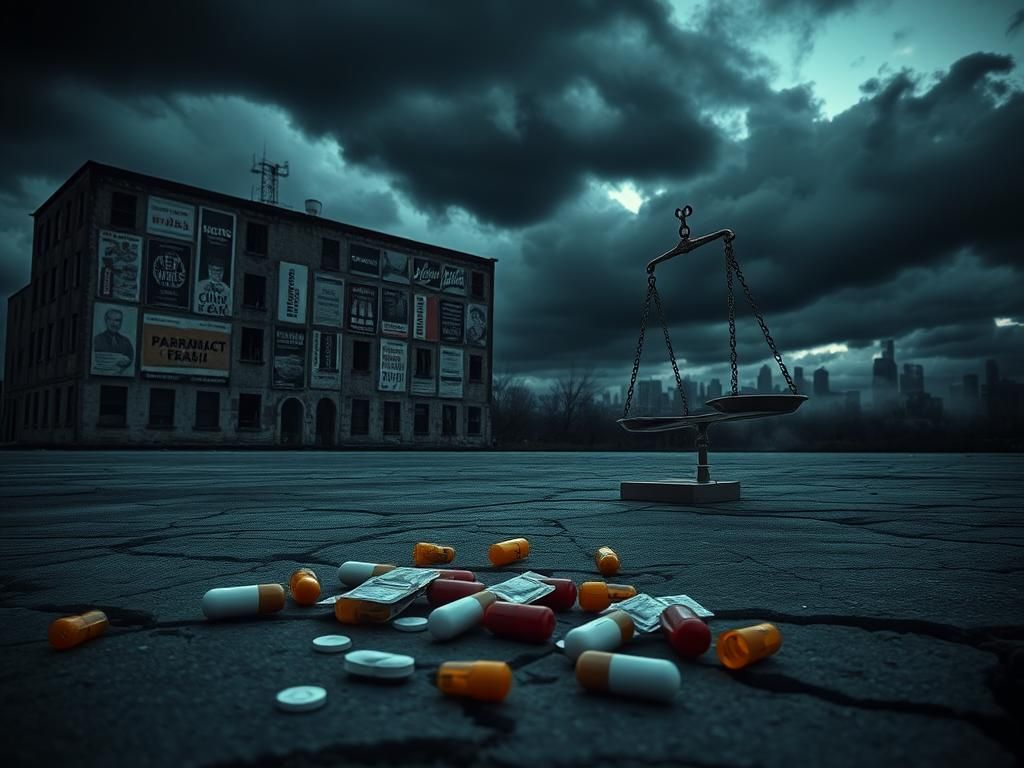 Flick International A desolate urban landscape depicting the impact of the opioid crisis with crumbling buildings and scattered pill bottles