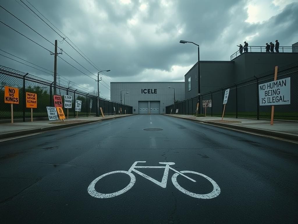 Flick International Wide-angle view of a rain-soaked urban street in Portland with an imposing ICE facility