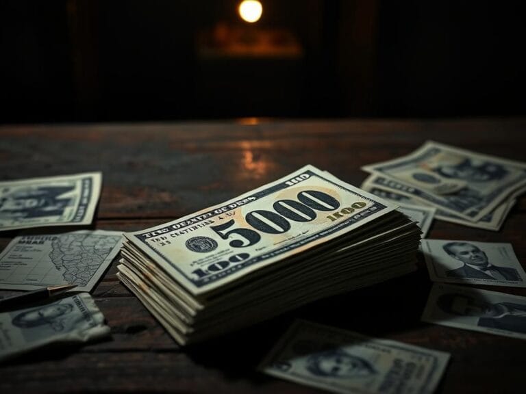 Flick International Close-up view of a stack of cash with a $50,000 bill and silhouette map of Mexico in the background