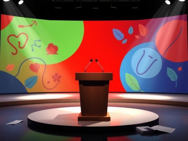 Flick International Stylized debate scene with an empty podium on a polished stage