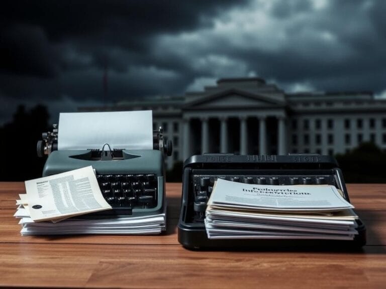 Flick International Vintage typewriter symbolizing journalism with military reports and the Pentagon in the background