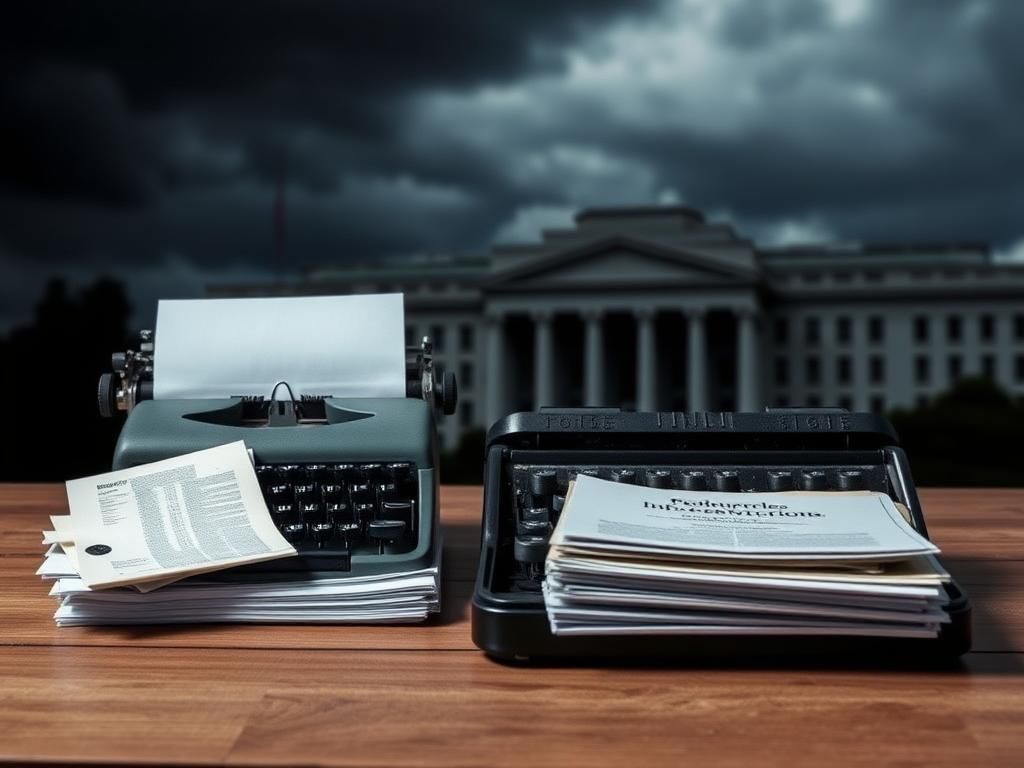 Flick International Vintage typewriter symbolizing journalism with military reports and the Pentagon in the background