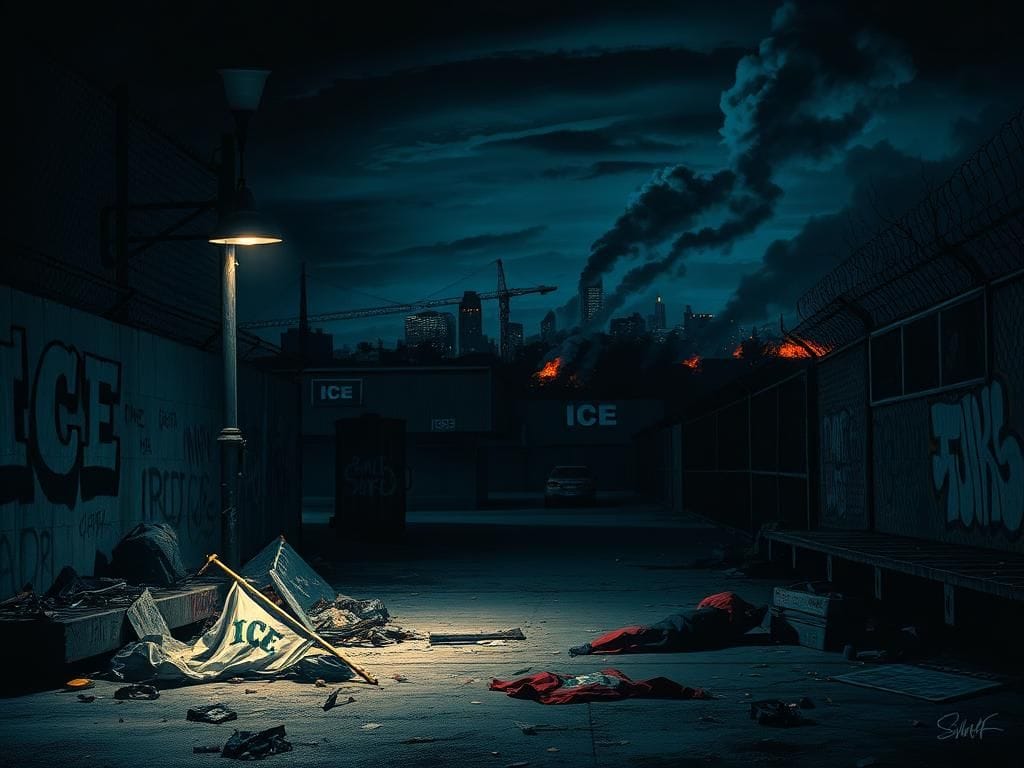 Flick International Nighttime view of an urban ICE facility surrounded by graffiti and debris